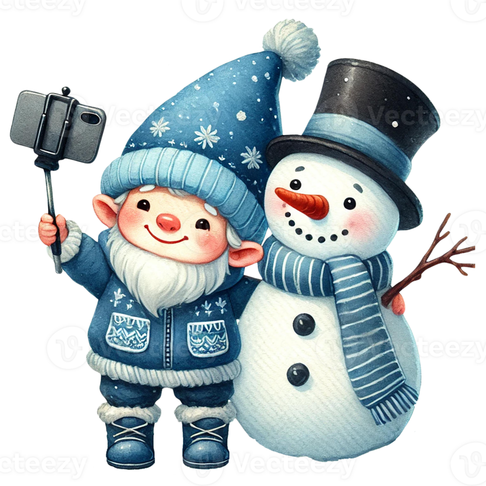Cheerful gnome and snowman taking selfie, winter theme, colorful, whimsical art. png