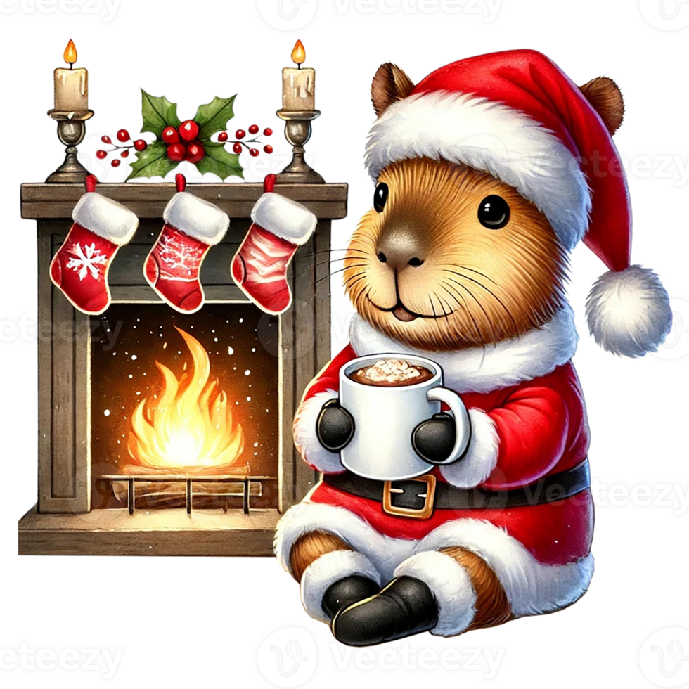Cute guinea pig in Santa outfit with a warm drink by the fireplace. png