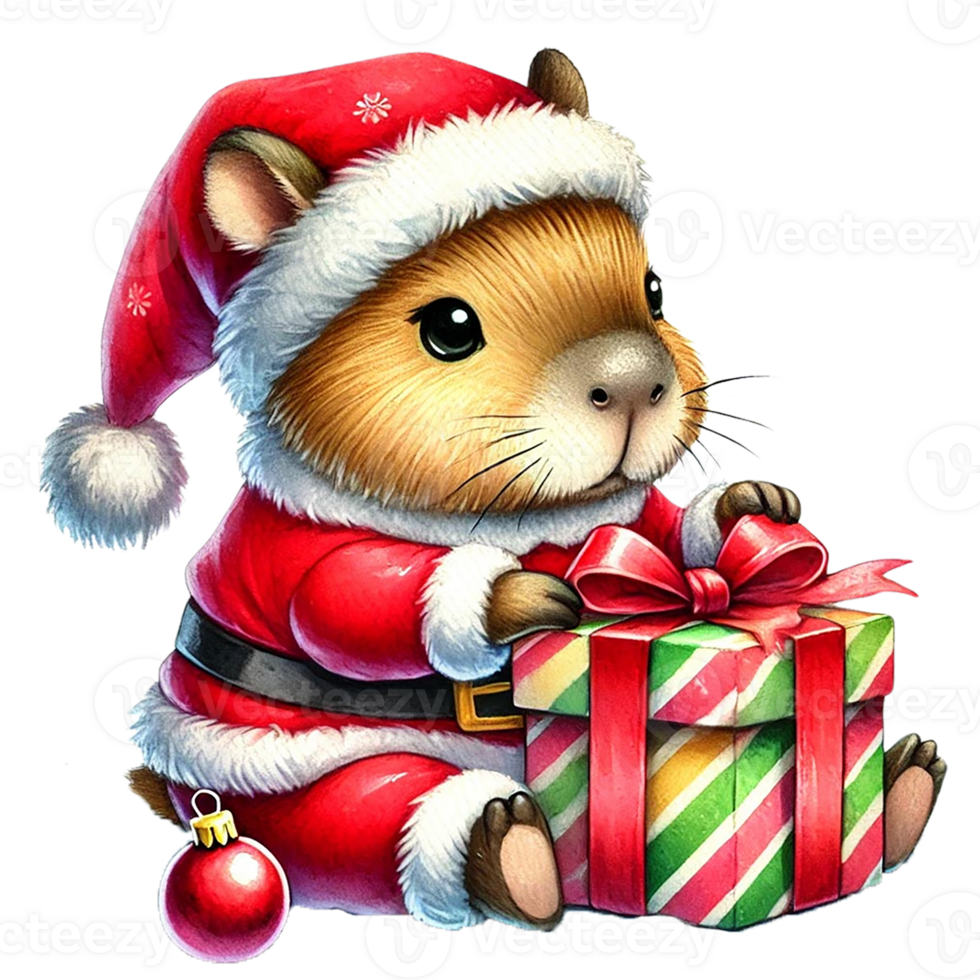 Adorable guinea pig in Santa outfit with gift box. png