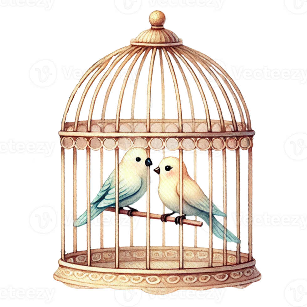 Two colorful birds in a vintage birdcage png