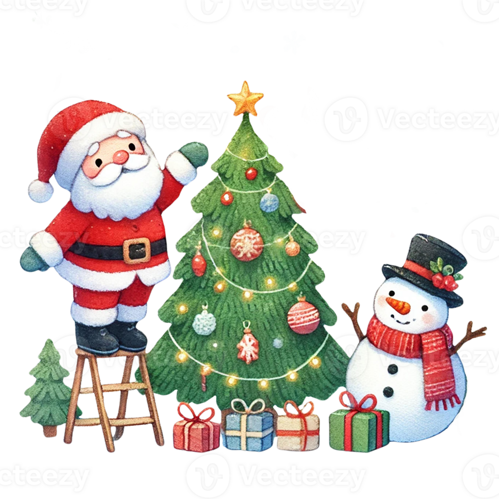 Cheerful Santa decorating a Christmas tree with a snowman and presents. png