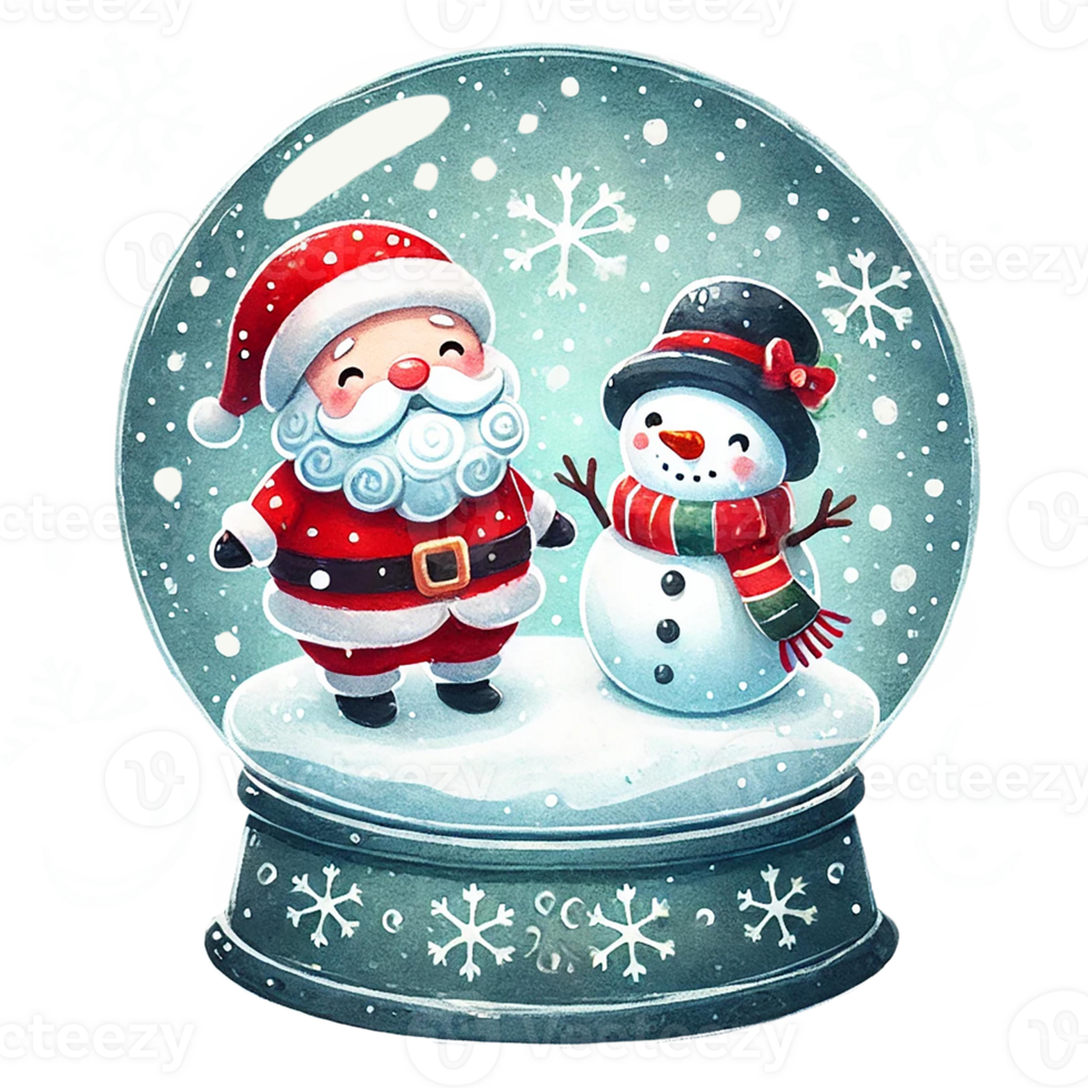Santa and snowman inside a festive snow globe with snowflakes falling. png