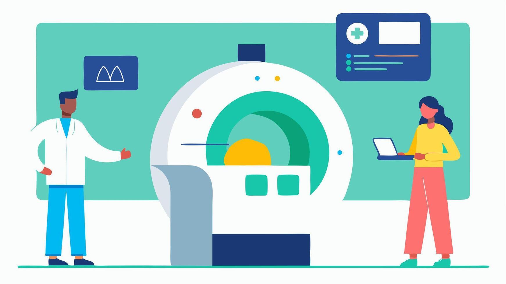 Userfriendly Interface A wide shot of the whole MRI machine with an intuitive user interface populated with icons and sliders alongside the technician explaining the process to a. vector