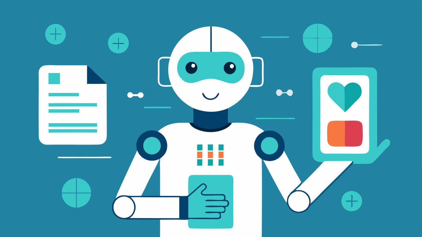 Robot with Health Analyzer A robot using a handheld device to perform a health analysis on a patient with infographics appearing in the background to illustrate results.. vector