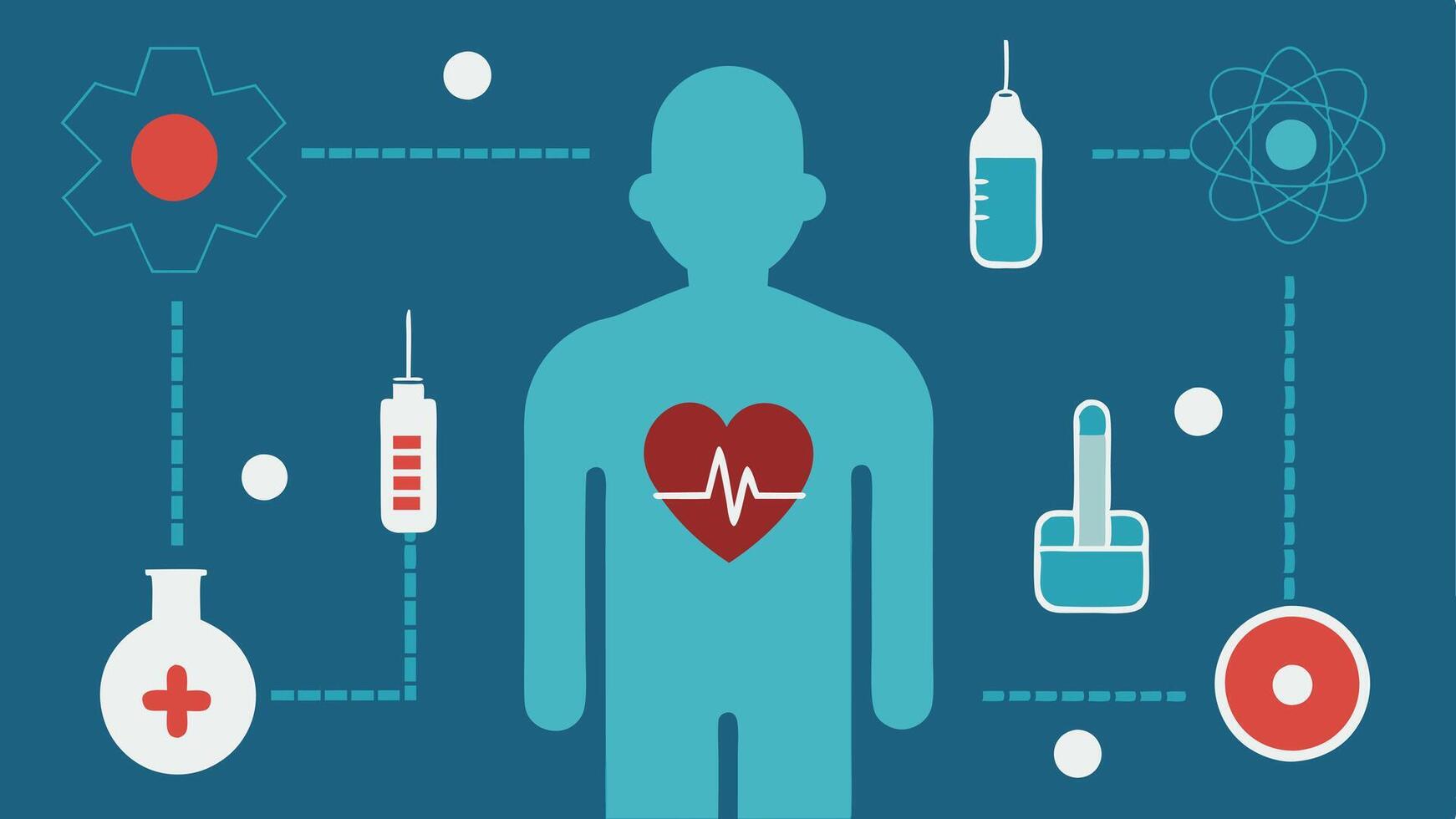 Silhouette with Health Infographic A human silhouette filled with icons representing different chronic diseases e.g. insulin syringe for diabetes heart monitor for heart disease. vector