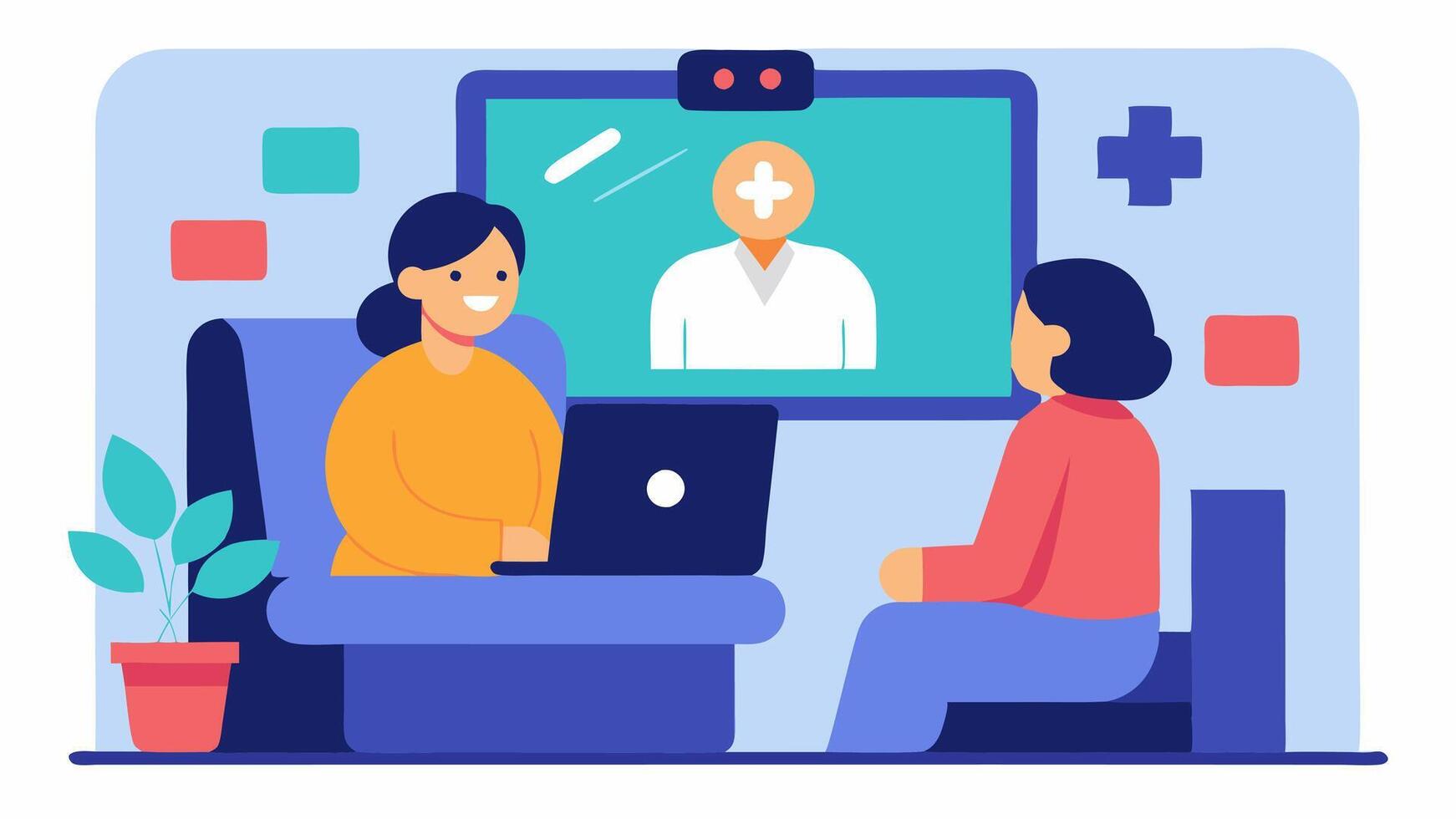Telemedicine Consultation A patient sitting in a cozy living room engaging in a call with a physician displayed on a large screen highlighting remote healthcare delivery.. vector
