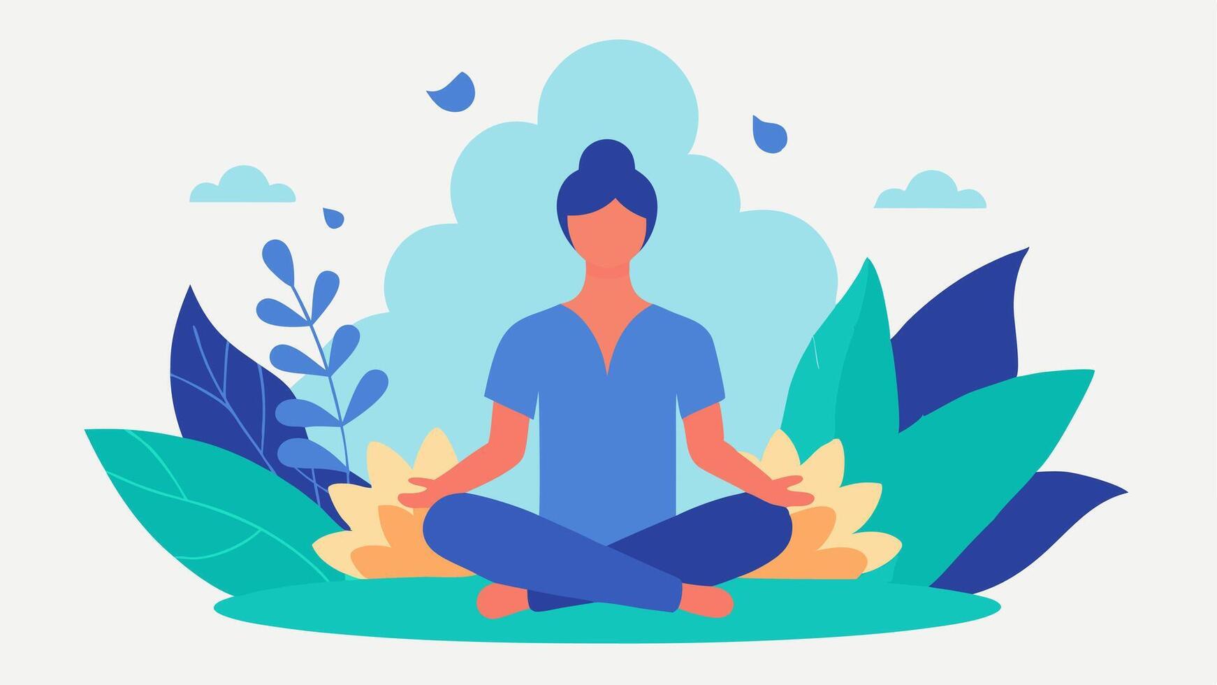 Stress Management A person meditating peacefully in a lush garden surrounded by soothing elements like flowing water and soft flora representing relaxation techniques.. vector