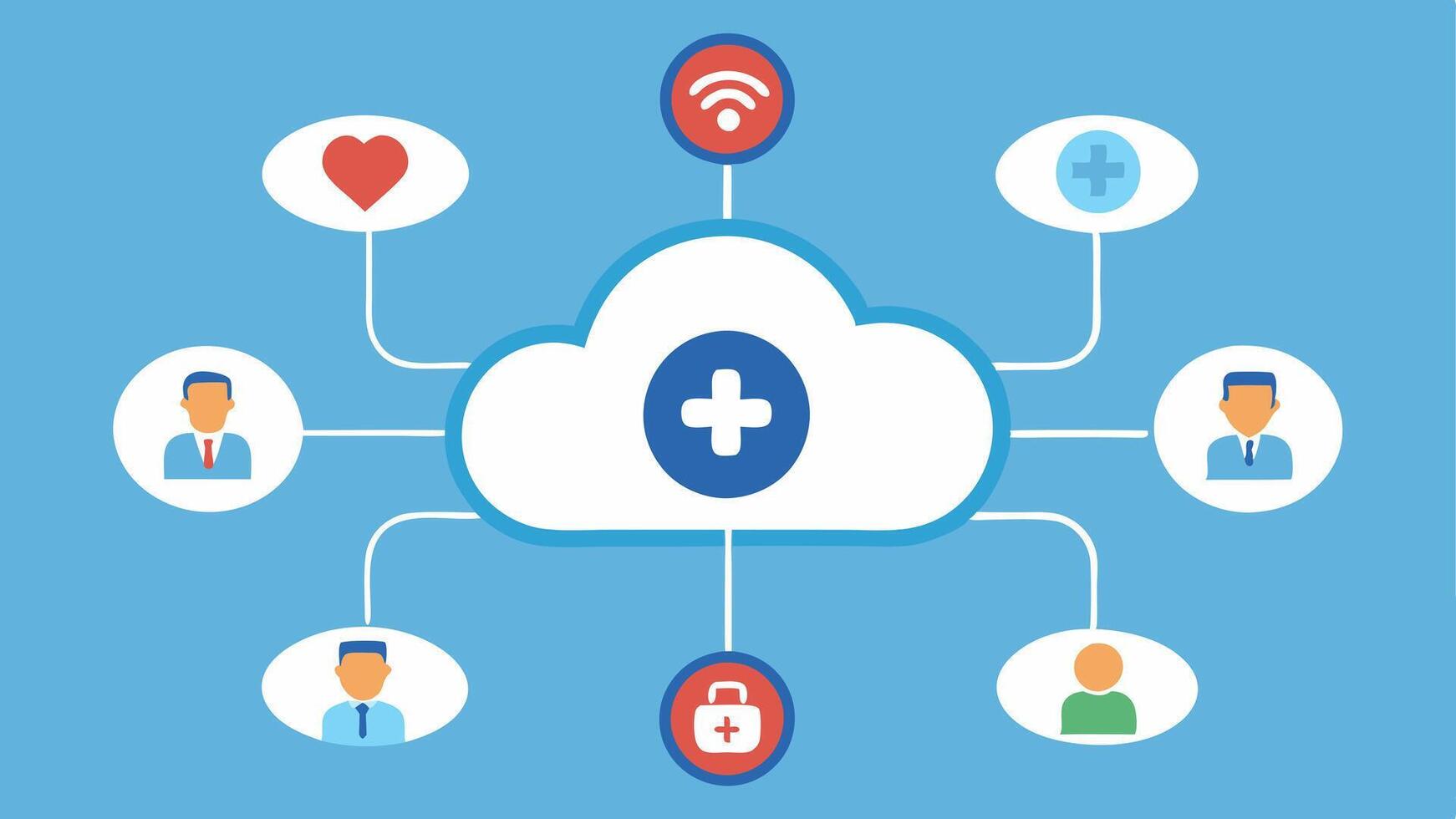 Wireless Health Network A network of implants in various patients all connected to a central healthcare hub represented by a cloud icon transmitting data.. vector