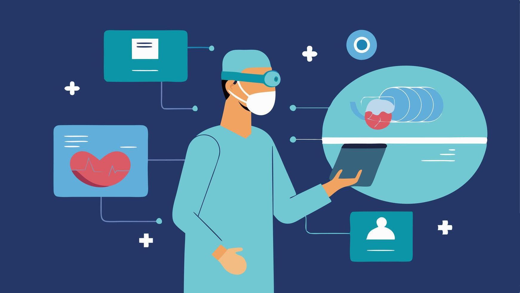 Surgical Planning with AR A surgeon utilizing augmented reality to plan a surgical procedure with a virtual overlay of the patients anatomy visible in the operating room.. vector