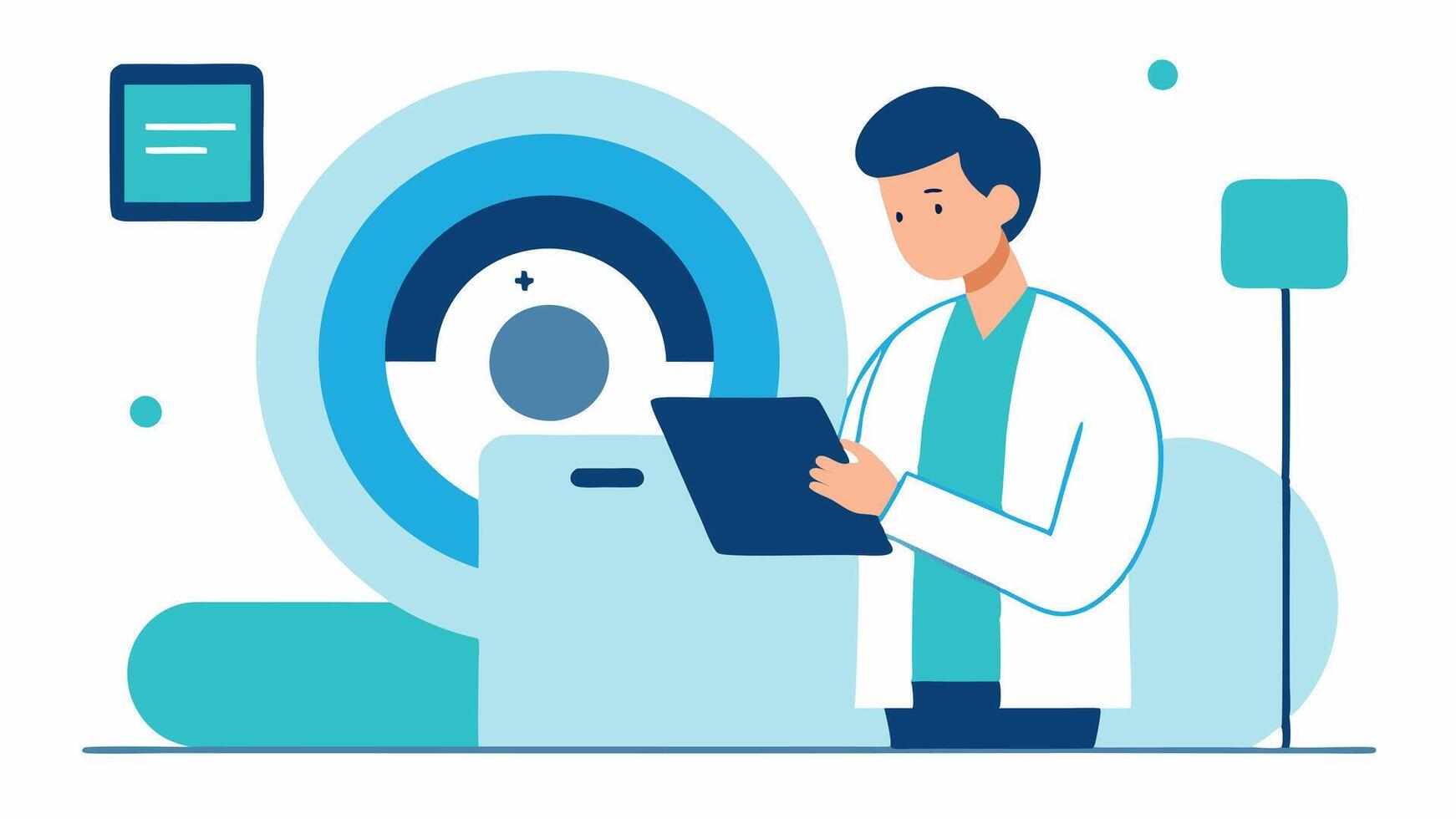 Remote Access Control A technician adjusting the MRI settings using a tablet showing a wireless connection interface with the MRI machine visible in the background.. vector