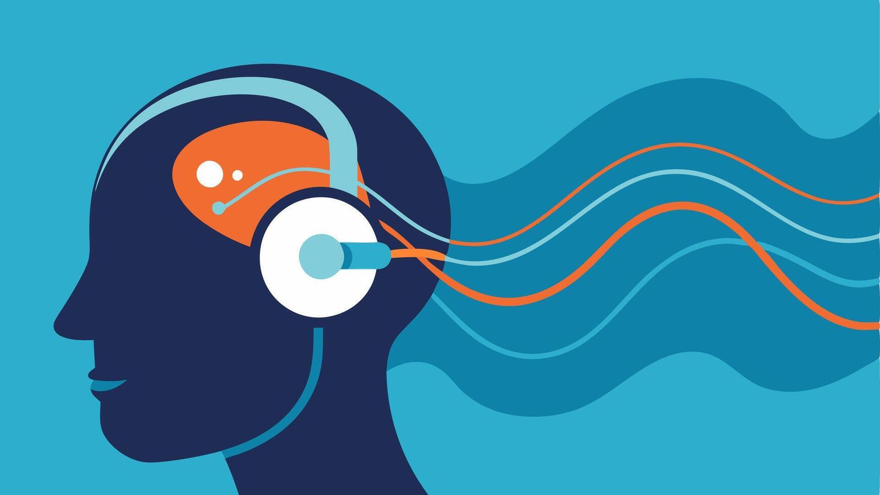 Waves of Relaxation A closeup view of a persons head with a digital headset highlighting flowing lines representing calming brainwave patterns emanating from the device.. vector