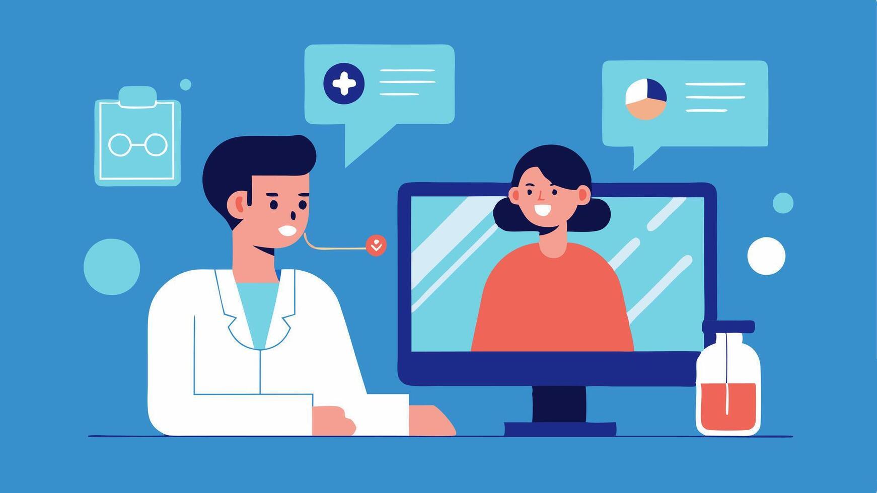 Telemedicine Consultation A doctor consulting a patient through a screen with a digital representation of the patients body showing live health metrics and treatment simulations.. vector