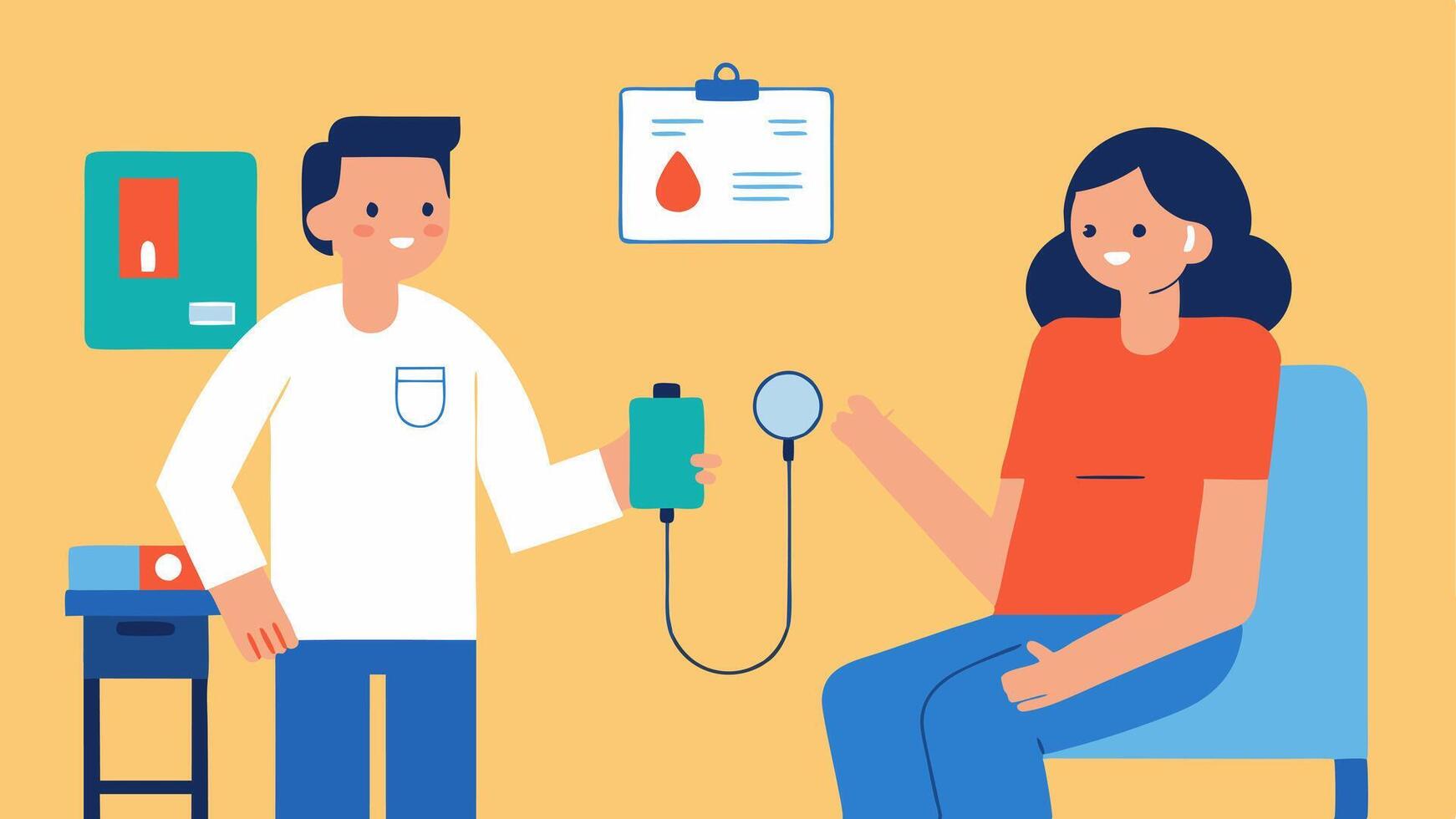Wellness Check A healthcare professional taking the pressure of a patient with a chart on a wall illustrating normal hormone levels next to it.. vector