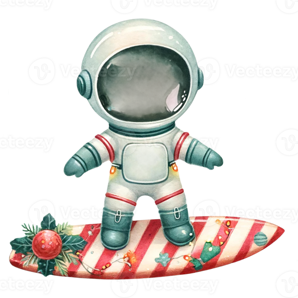 A whimsical astronaut standing on a festive surfboard, adorned with colorful decorations for a playful holiday vibe. png