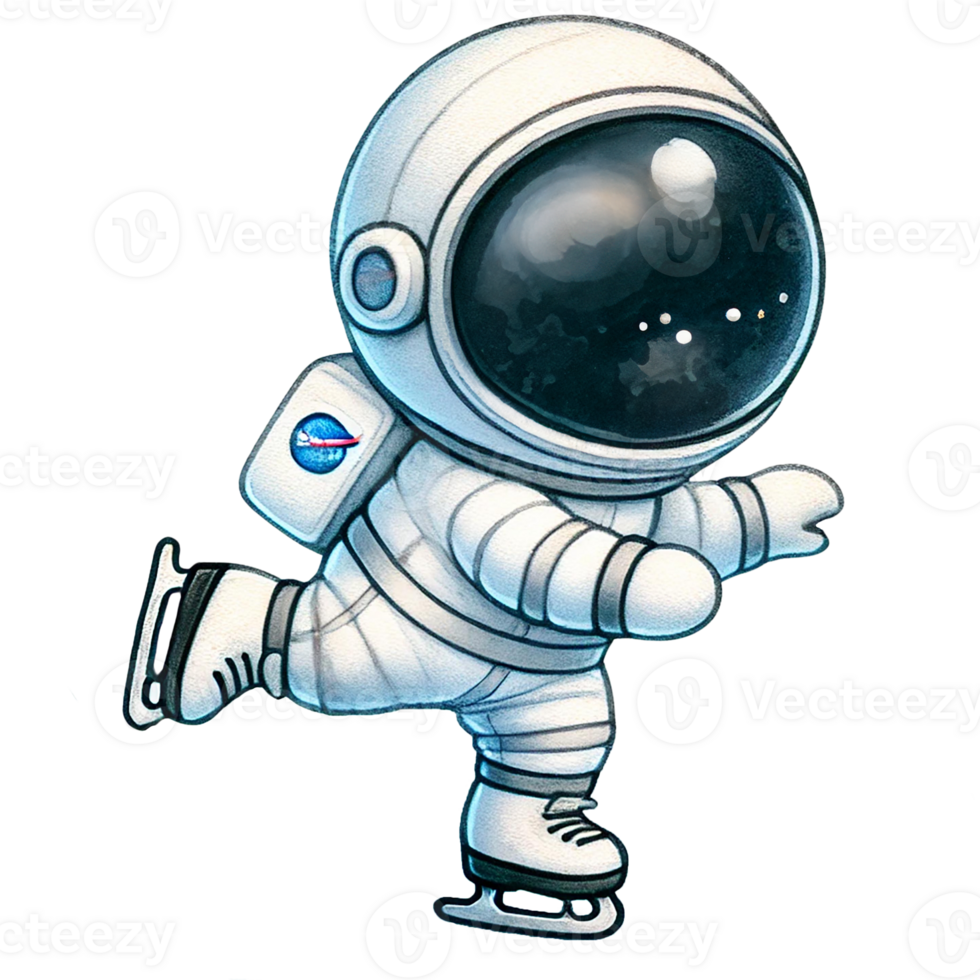 A playful astronaut skating gracefully on ice, showcasing a blend of space and winter fun in a whimsical design. png