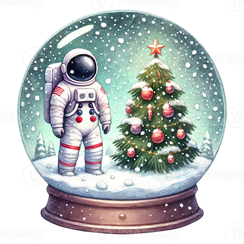 A charming astronaut snow globe featuring a decorated Christmas tree, perfect for holiday decor and festive themes. png