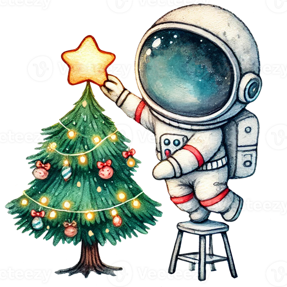 A whimsical astronaut decorates a Christmas tree with a bright star, combining holiday cheer with a space adventure theme. png