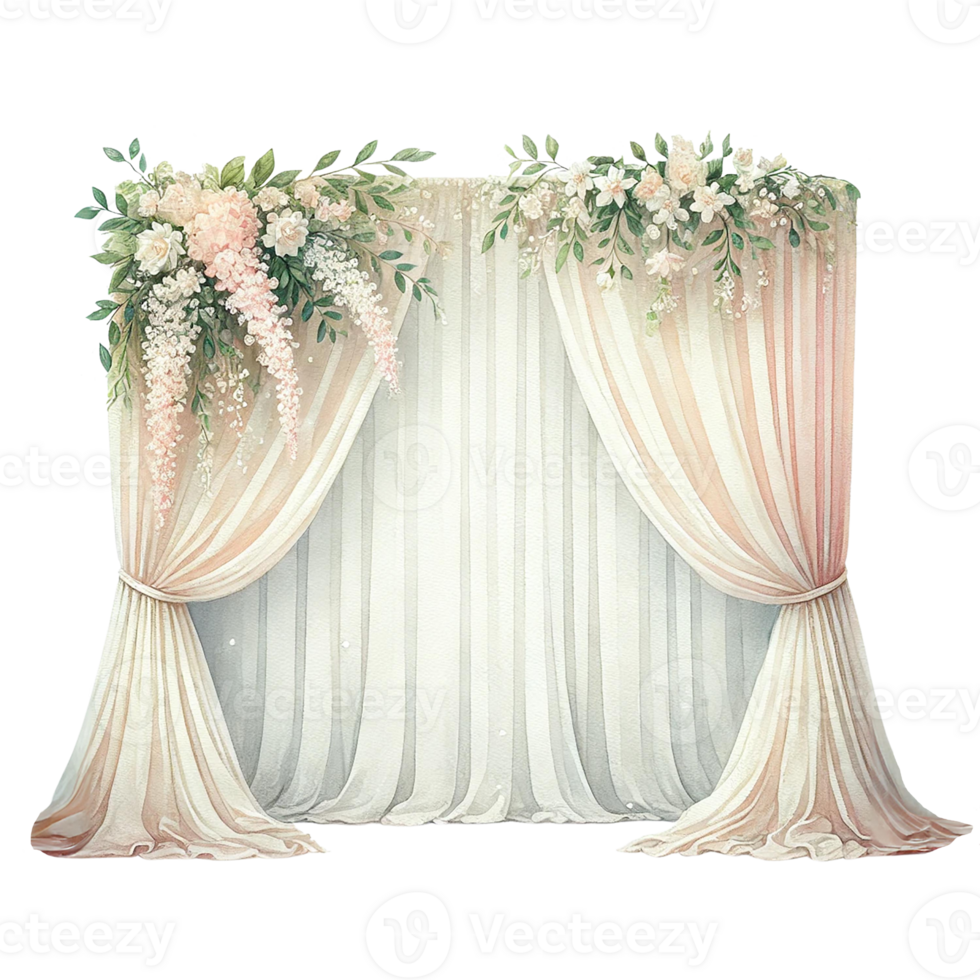 Elegant draped curtains with floral arrangement, perfect for events and celebrations. png