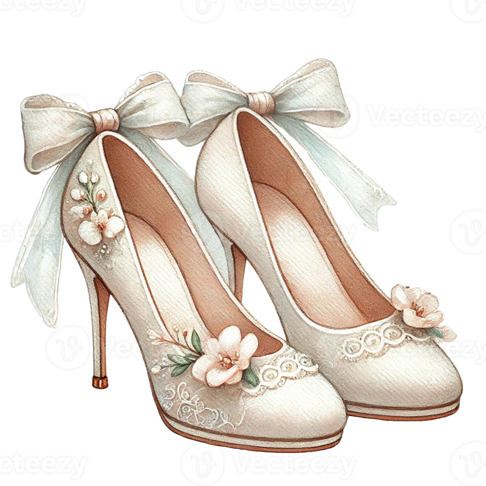 Elegant bridal high heels adorned with flowers and ribbons png