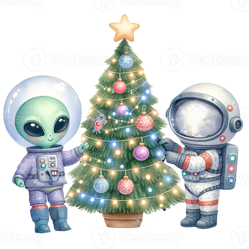 A whimsical scene of an alien and astronaut decorating a Christmas tree, blending holiday cheer with cosmic fun. png