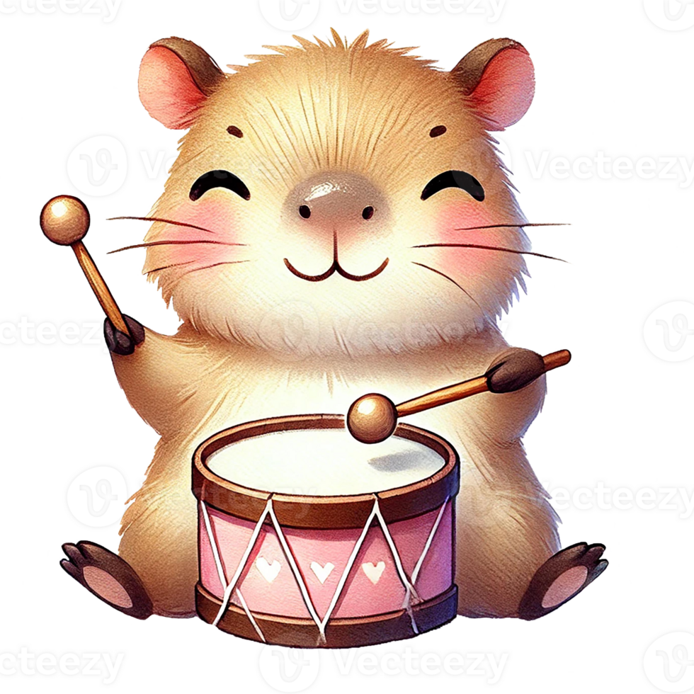 Cute cartoon hamster playing a small drum with joy. png