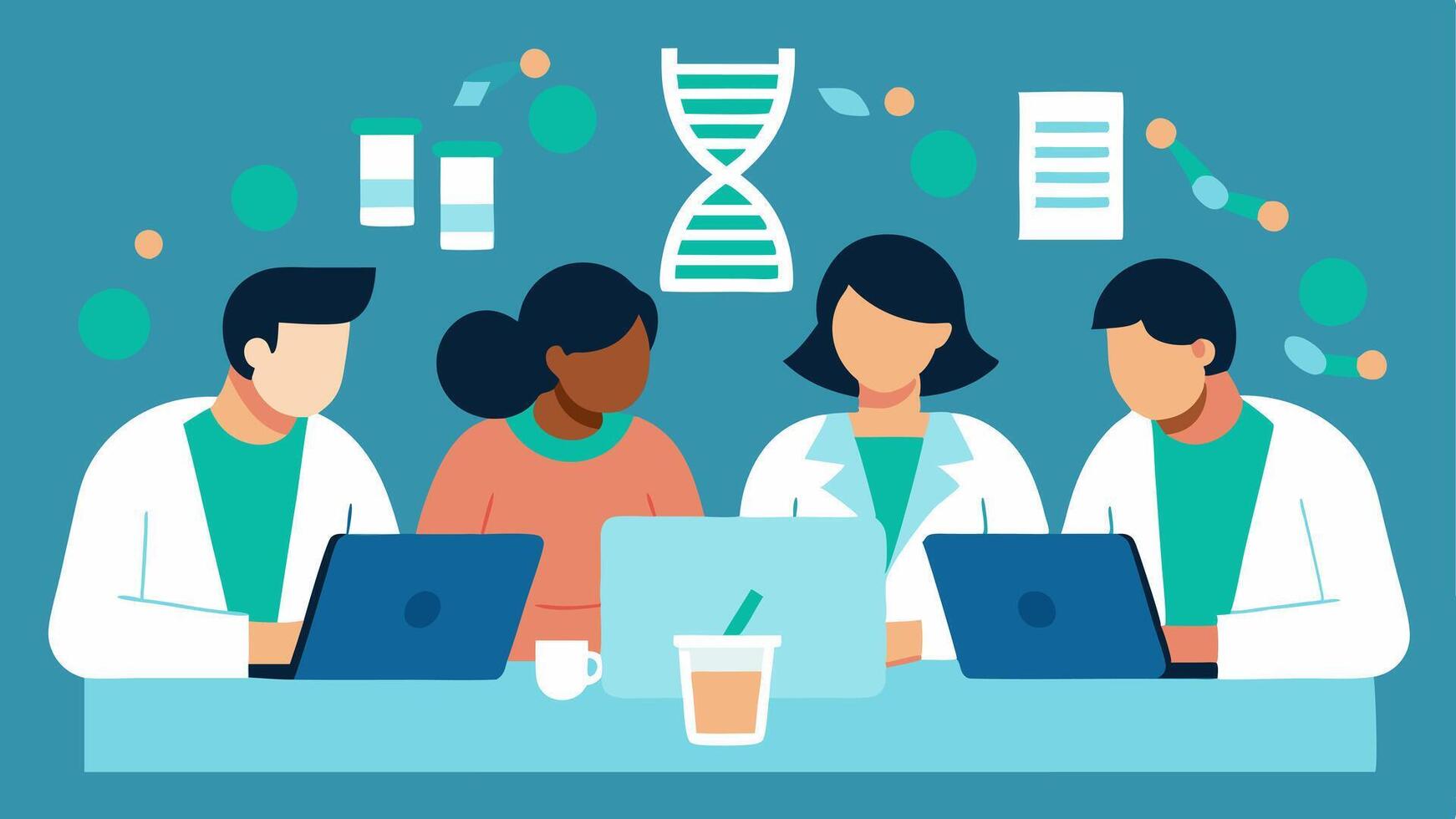 Team Collaboration A group of diverse scientists huddling around a table filled with tablets and laptops discussing geneediting strategies with DNA models projected above them.. vector