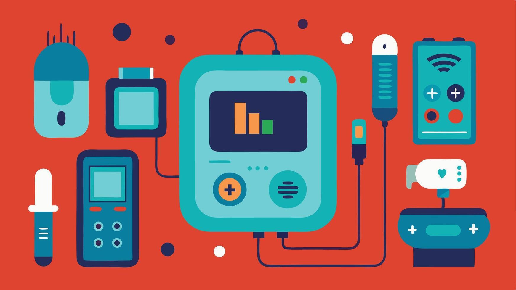 These descriptions can aid in visualizing various features and functionalities of futuristic portable diagnostic devices in illustration form.. vector
