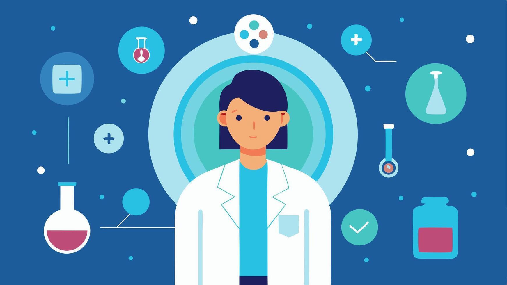 Researcher at Work A scientist in a lab coat focused on a holographic interface that projects health analytics surrounded by various wellness products in test tubes.. vector