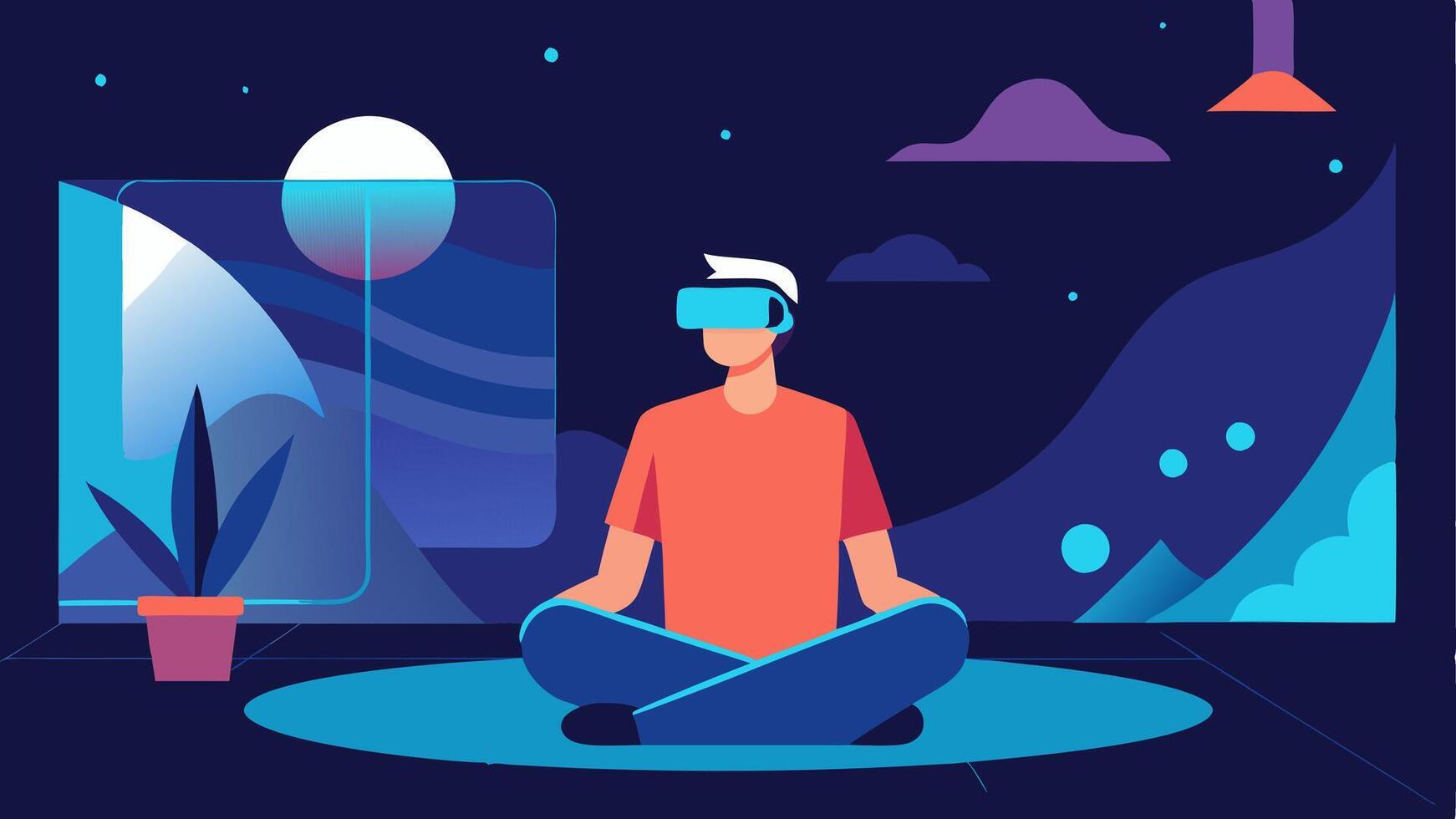 Virtual Reality Therapy A patient wearing a VR headset in a comfortable room surrounded by calming digital landscapes projected on the walls showcasing immersive therapy.. vector