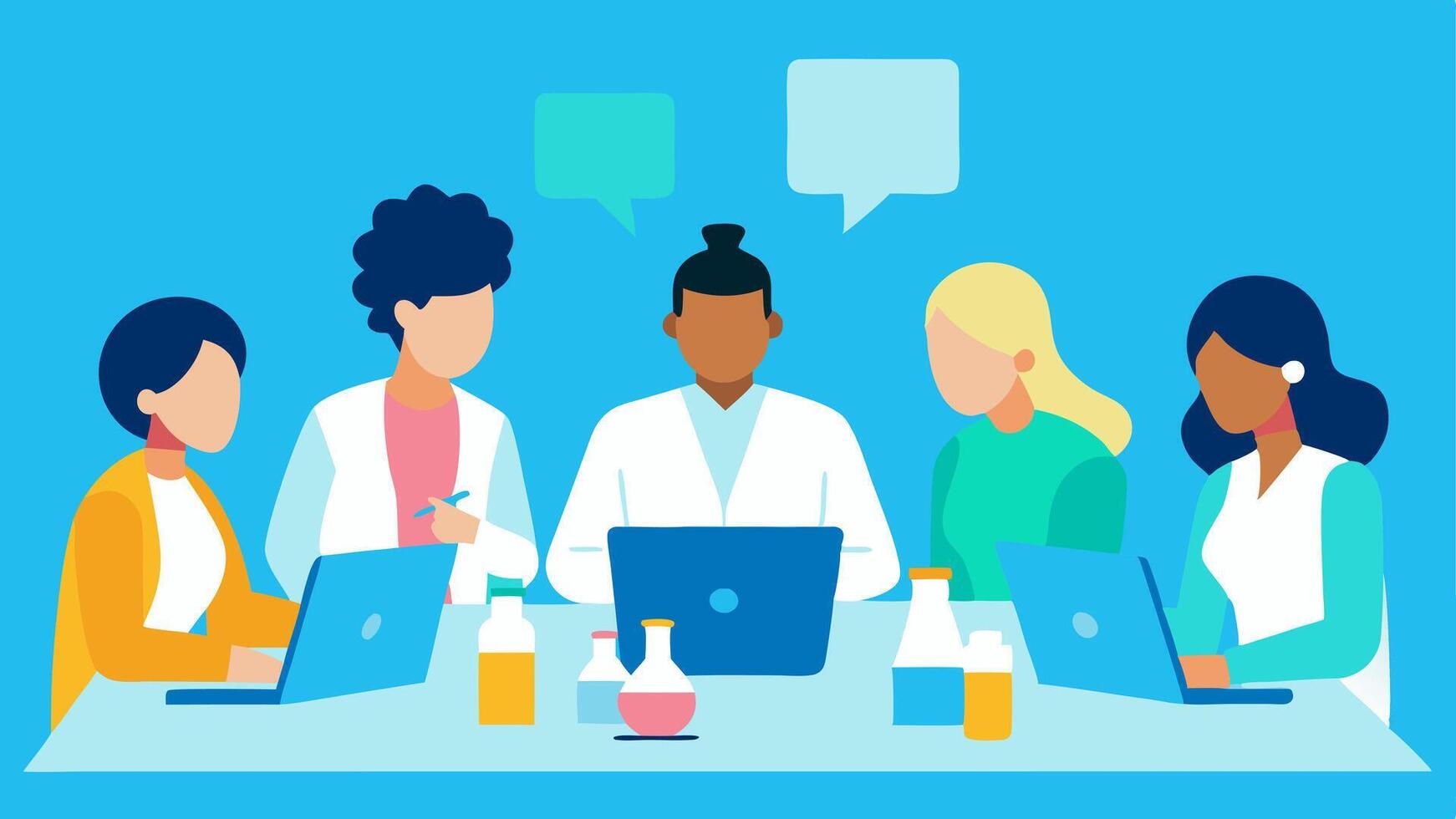 Research Team Collaboration A diverse team of scientists gathered around a table discussing their findings and brainstorming ideas with papers and laptops tered around.. vector