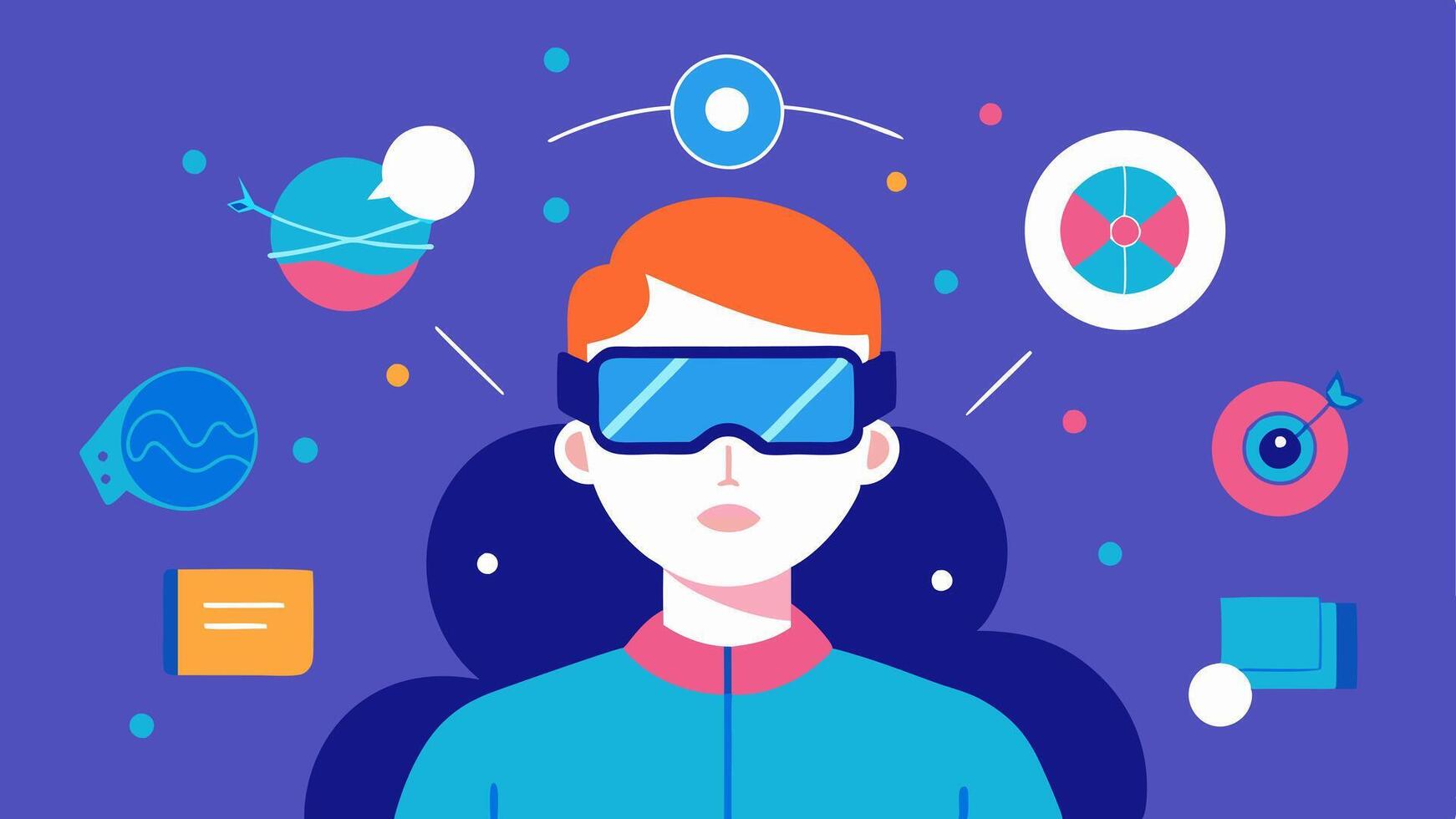 Virtual Reality Glasses A person wearing virtual reality glasses with digital elements flying around them showcasing immersive experiences for cognitive improvement.. vector