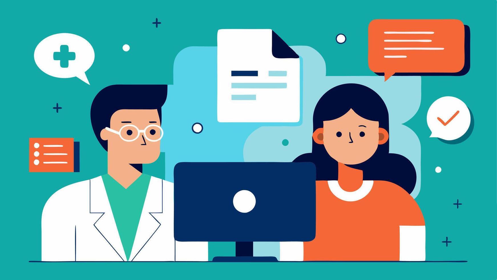 Telehealth Promotion An educational posterstyle illustration encouraging remote health consultations featuring a doctor patient and icons representing health benefits.. vector