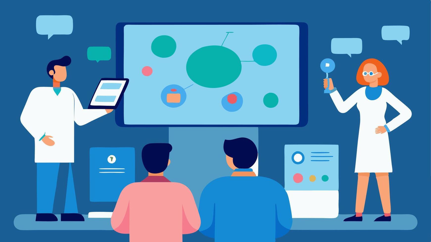 Regenerative Workshop A workshop setting where patients are learning about cell regeneration technology through interactive displays and presentations by knowledgeable instructors.. vector