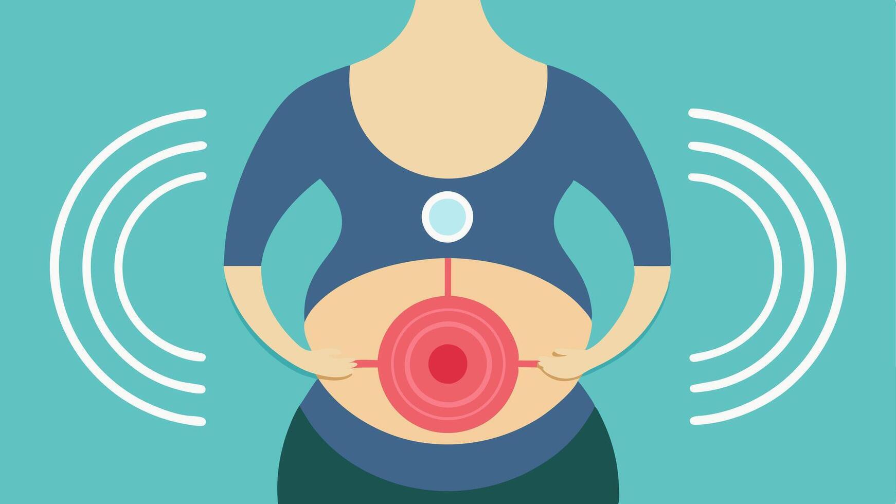 Ultrasound Scan An illustration of an ultrasound transducer p on a pregnant persons abdomen with sound waves visualized as concentric circles.. vector