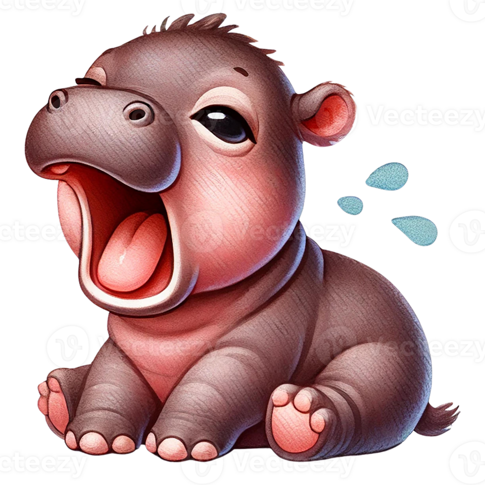 Yawning baby hippo, cute illustration png