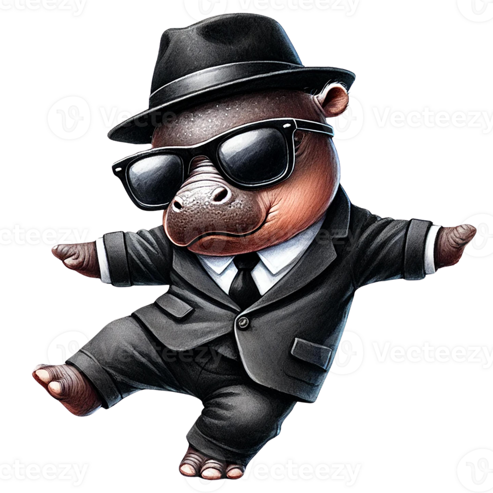 Stylish hippo in a suit and hat png