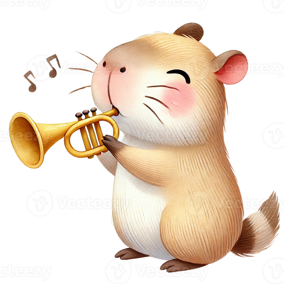 Cute hamster playing a trumpet, cheerful and whimsical illustration. png