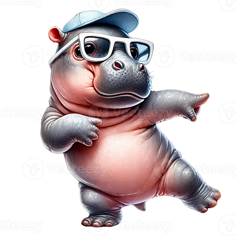 Playful hippo in sunglasses and cap, striking a fun pose png
