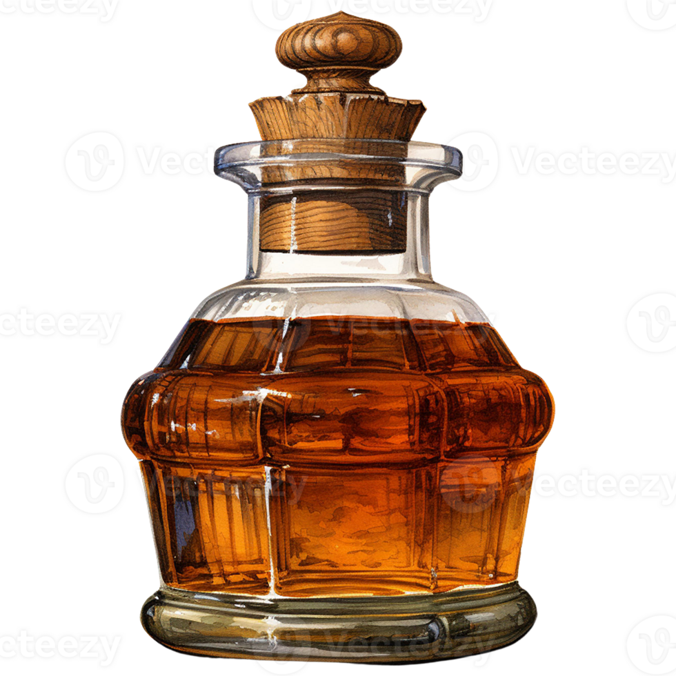 Elegant glass decanter with amber liquid png