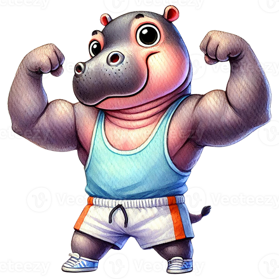 Strong cartoon hippo flexing muscles, energetic pose png