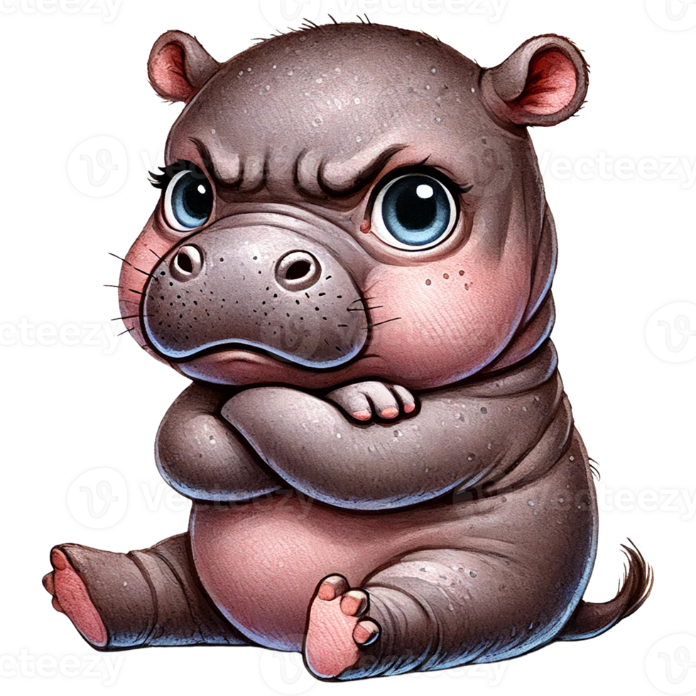 Cute cartoon hippo with an angry expression png