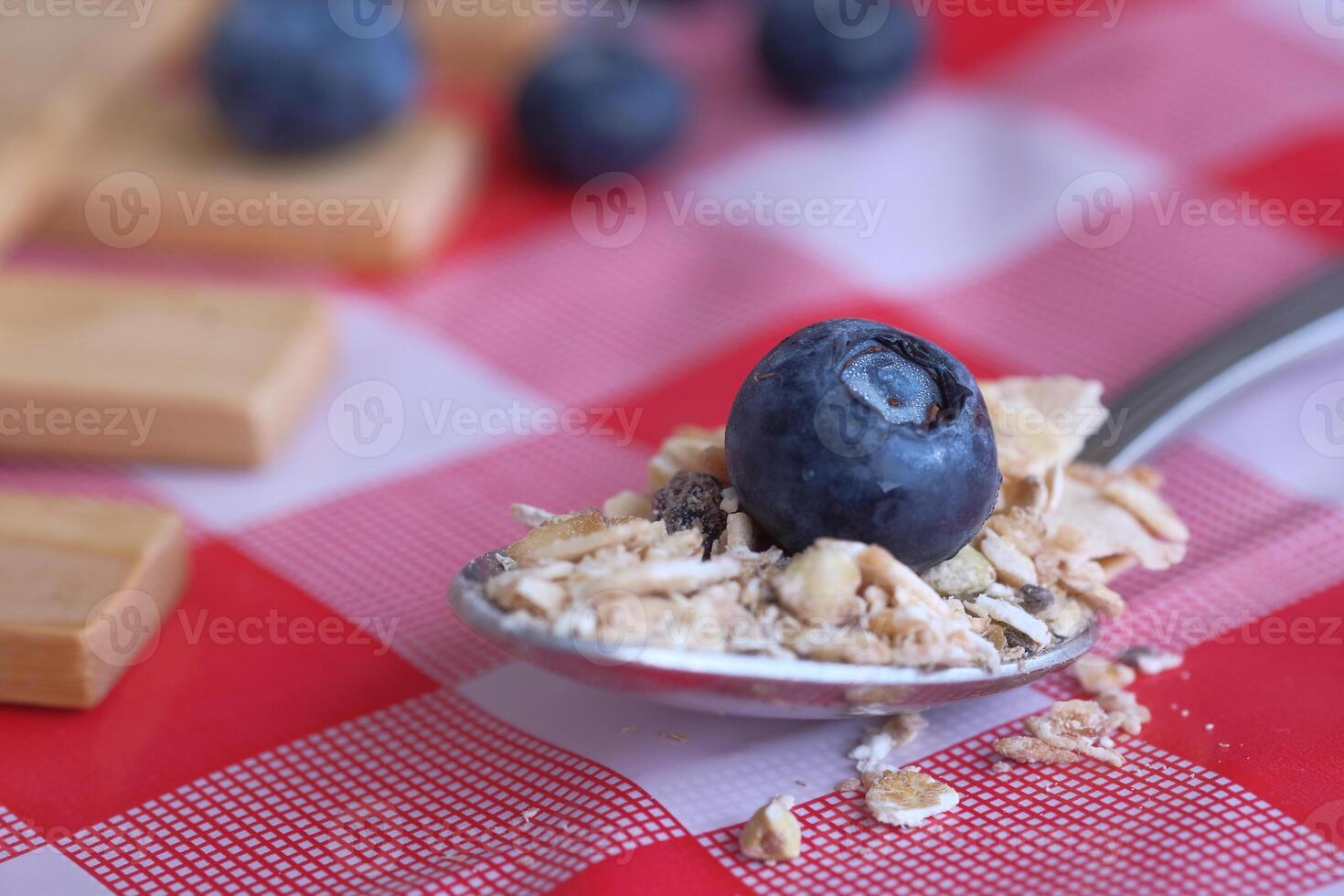 A Tasty and Nutritious Breakfast Spoon Filled with Oats and Freshly Picked Blueberries photo