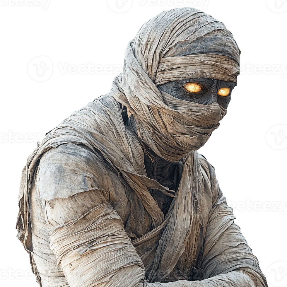 Ancient mummy costume wrapped in tattered linen cloth isolated png