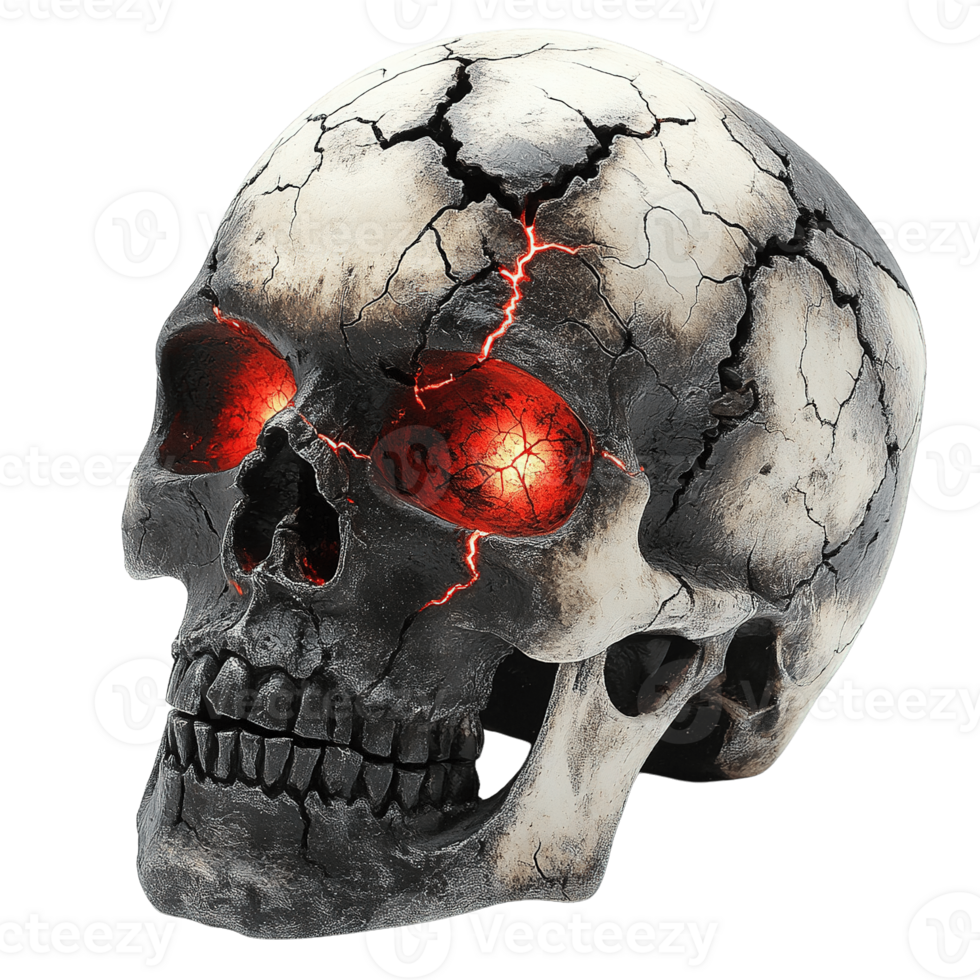 Ancient skull with sinister red light shining through cracks isolated png