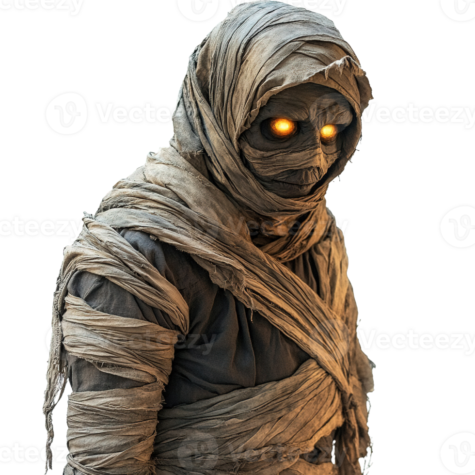 Historical mummy with detailed cloth layers and glowing eyes png