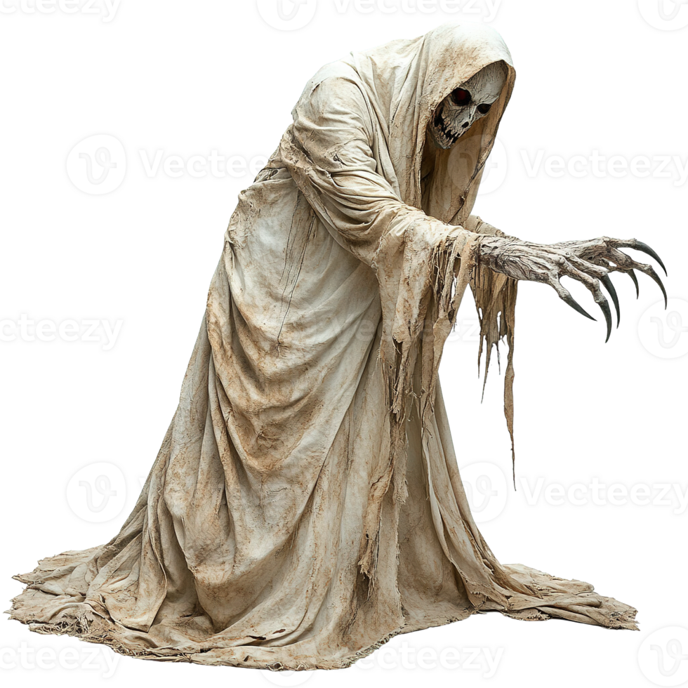 Eerie phantom in tattered robes with haunting face png