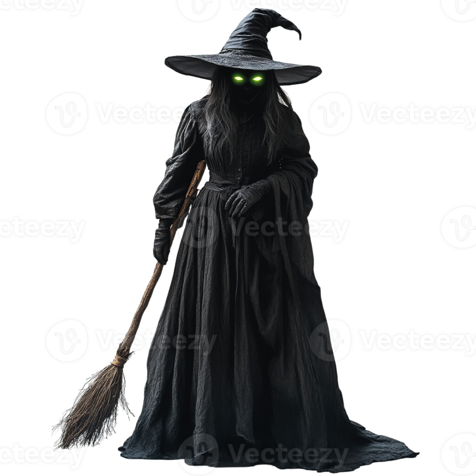 Dark sorceress holding a broomstick with glowing eyes png