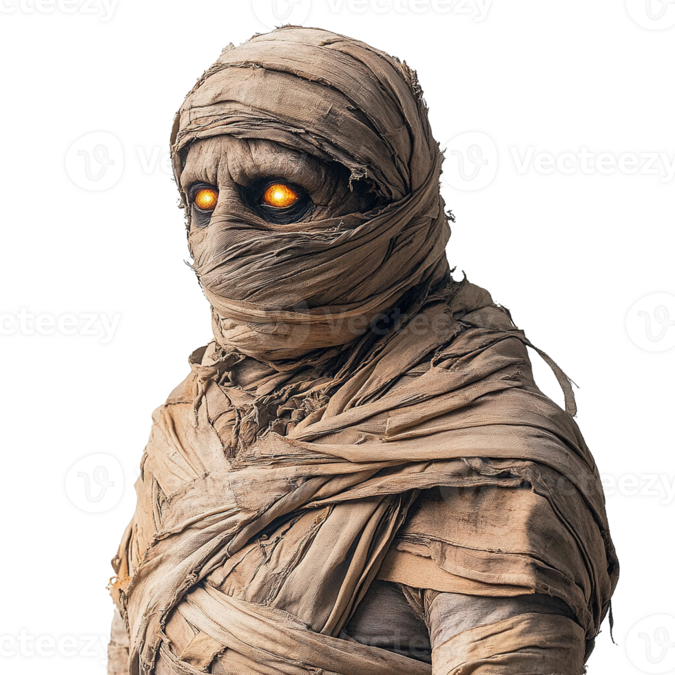 Preserved mummy costume with intricate cloth layers and glowing yellow eyes png