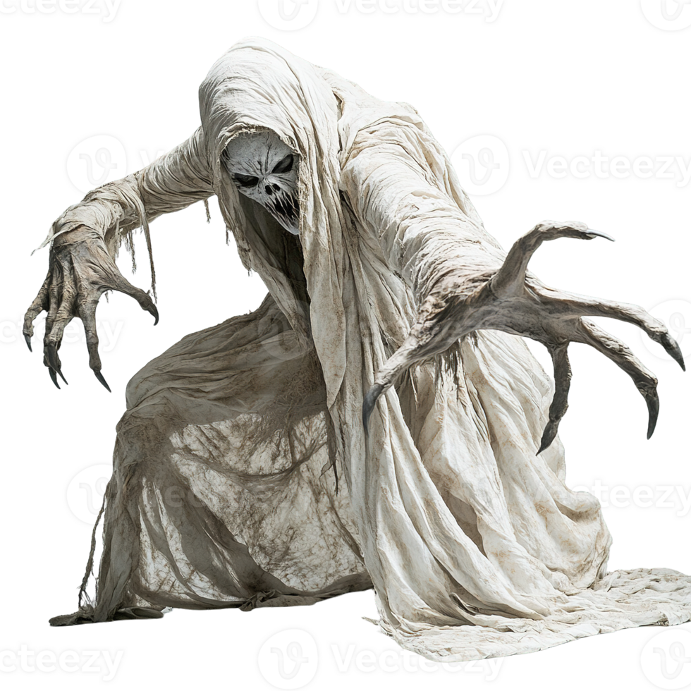 Eerie specter with skeletal face and tattered white cloth png