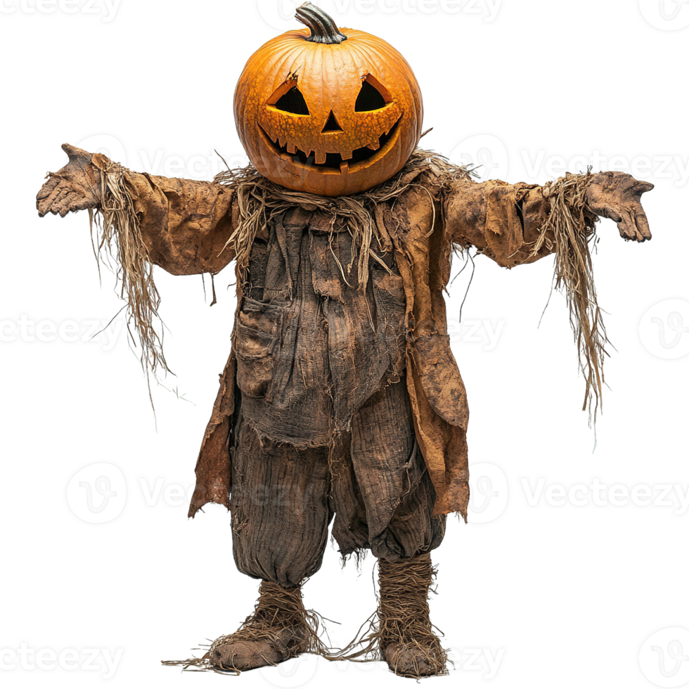 Spooky scarecrow with a pumpkin head and weathered clothes png